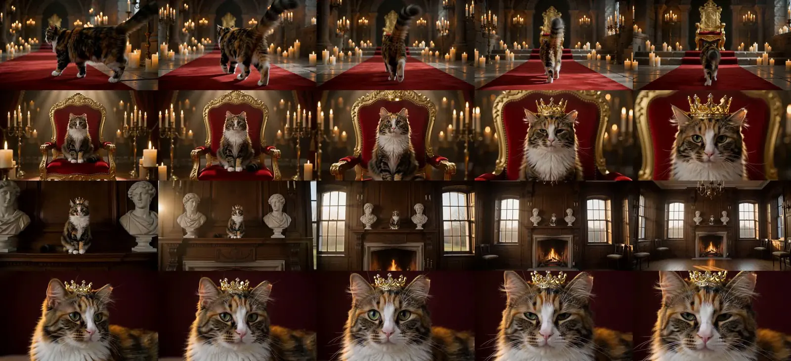 Frames from the coronation scenes: Helen walks a red carpet to a gold throne, is crowned, and sits between two marble busts
